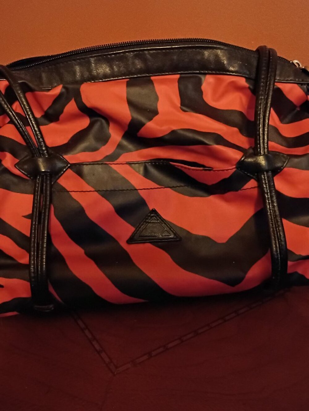 VINTAGE LIZ CLAIBORNE red and Black Zebra Print Vinyl/ Leather Trim Bag